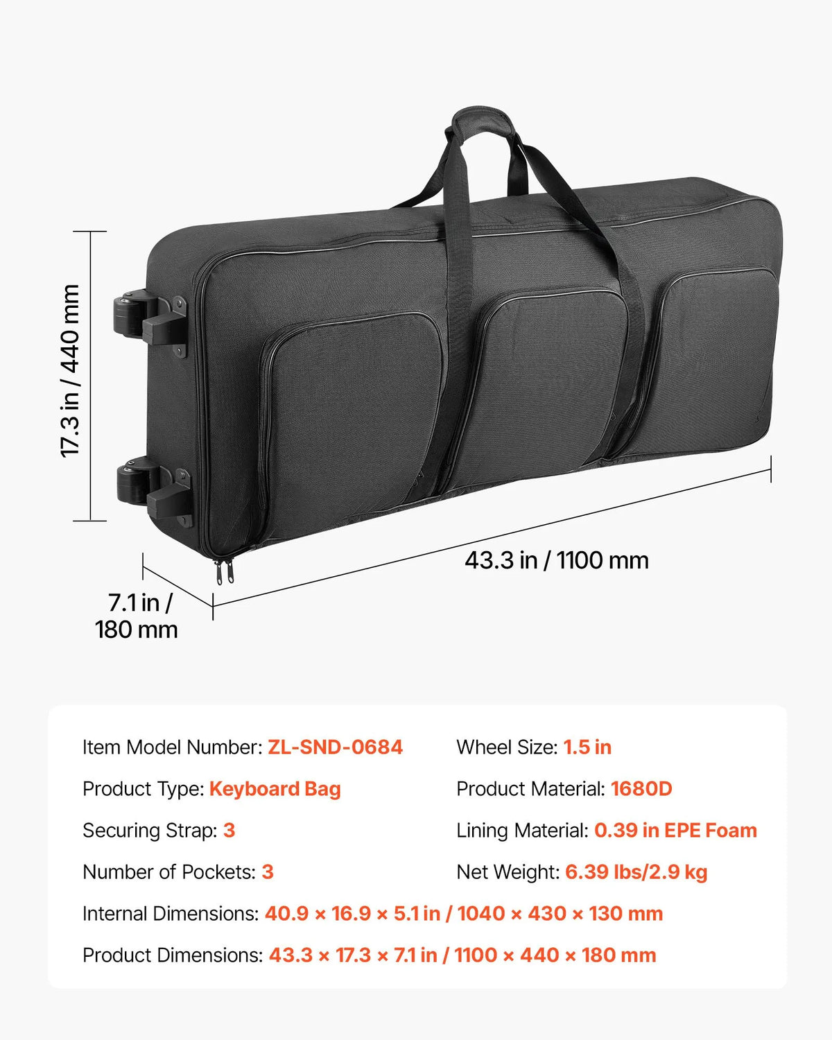 VEVOR 88-Key Keyboard Bag with Wheels 104 × 43 × 13 cm, Padded, 3 Pockets