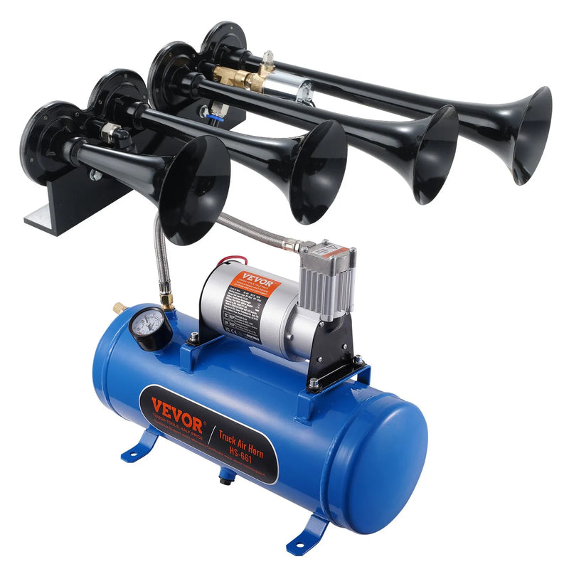 VEVOR vilciena tipa gaisa taures komplekts ar 4 taurēm, līdz 150 dB, 12 V gaisa kompresors ar 6 l tvertni un manometru, piemērots automašīnām, kravas auto, furgoniem un laivām