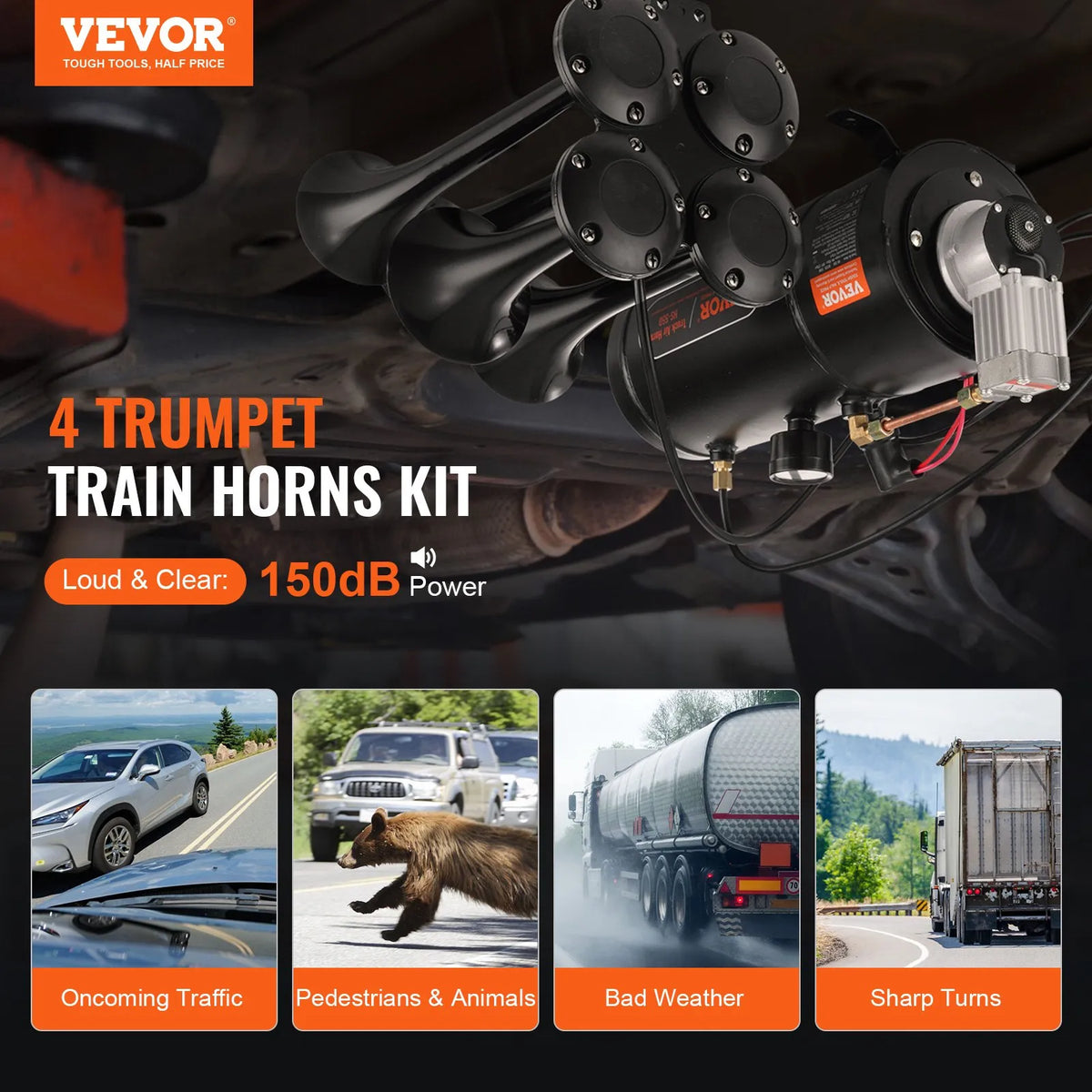 VEVOR Train Air Horn Kit with 4 Trumpet Sounds, 120 psi Air Compressor, 3.03 l Air Tank