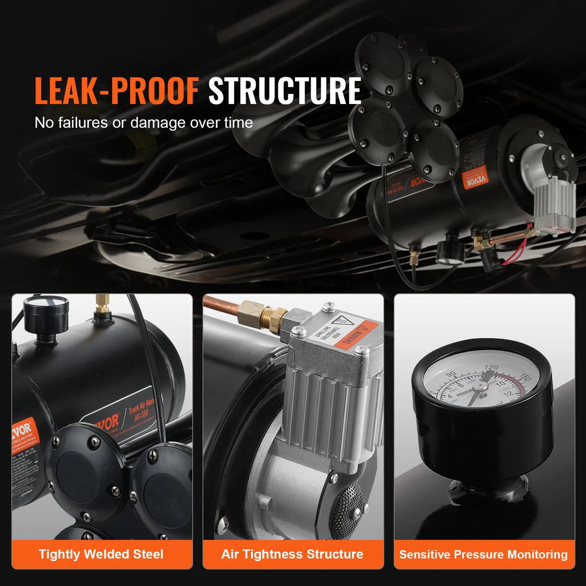 VEVOR Train Air Horn Kit with 4 Trumpet Sounds, 120 psi Air Compressor, 3.03 l Air Tank