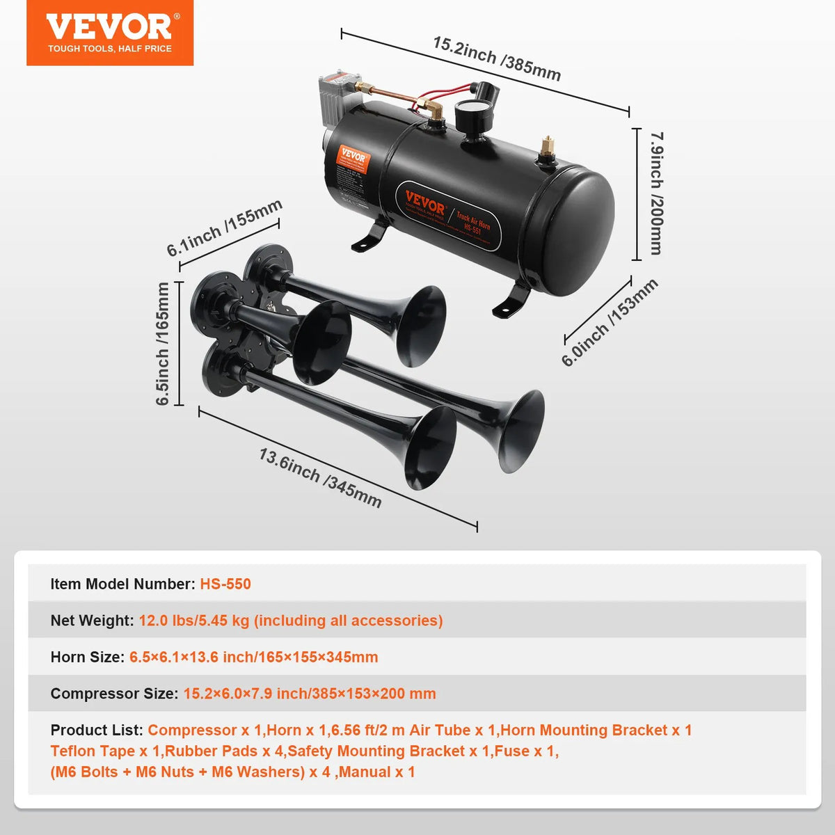 VEVOR Train Air Horn Kit with 4 Trumpet Sounds, 120 psi Air Compressor, 3.03 l Air Tank
