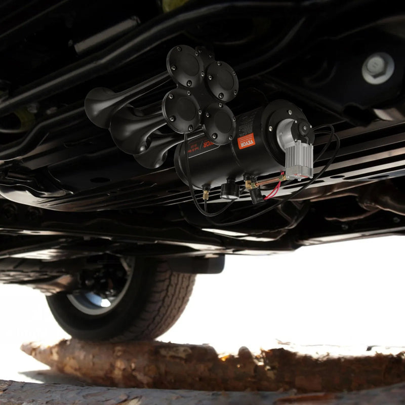 VEVOR vilciena tipa gaisa signāla komplekts ar 4 tauru skaņām, 120 psi gaisa kompresors, gaisa tvertne 3,03 l