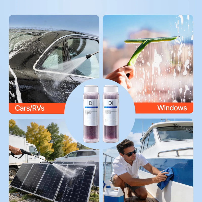VEVOR dejonizēta ūdens filtra rezerves kasetne ar 2 x 0,5 l krāsu mainošiem DI sveķiem, saderīga ar PRS - 101XC dejonizēta ūdens sistēmu automašīnām, kemperiem un logiem - ZEMLETES.LV