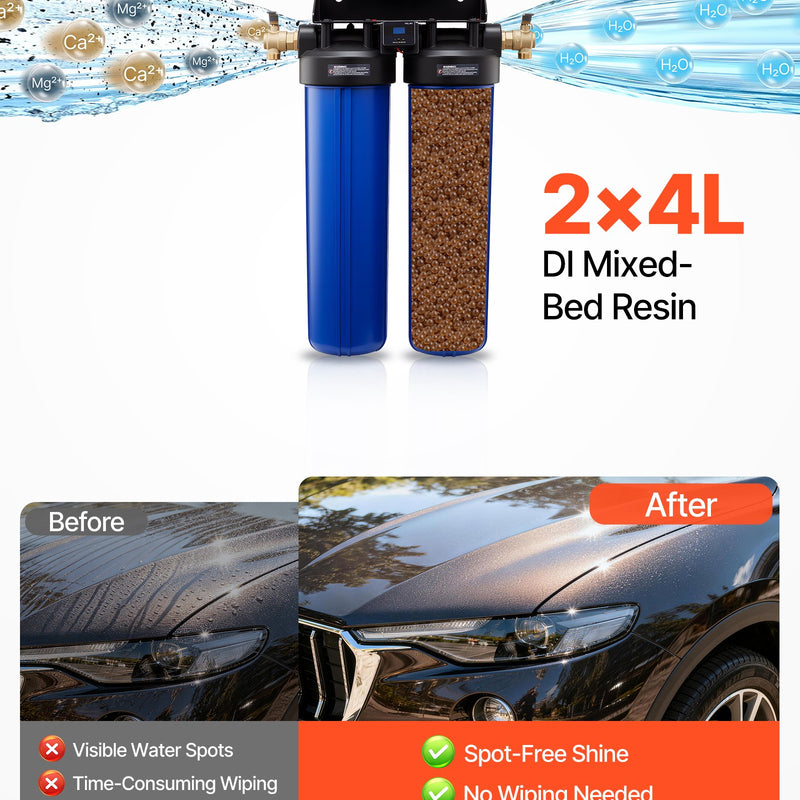 VEVOR dejonizēta ūdens sistēma auto mazgāšanai ar 2 x 4 l DI sveķiem, apvada vārstu un TDS mērītāju, beznosēdumu ūdens filtrs automašīnām, kemperiem, motocikliem un logiem - ZEMLETES.LV
