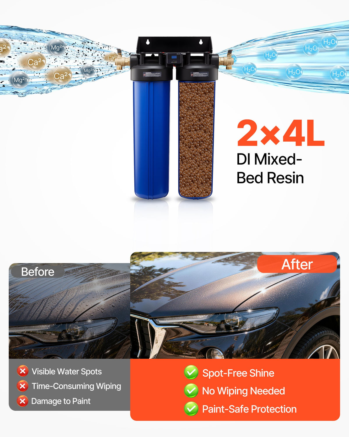 VEVOR dejonizēta ūdens sistēma auto mazgāšanai ar 2 x 4 l DI sveķiem, apvada vārstu un TDS mērītāju, beznosēdumu ūdens filtrs automašīnām, kemperiem, motocikliem un logiem - ZEMLETES.LV