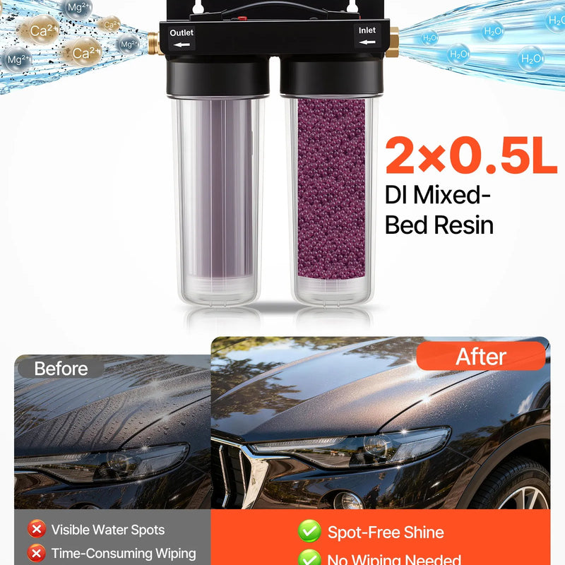 VEVOR dejonizēta ūdens sistēma auto mazgāšanai ar 2 x 0,5 l krāsu mainošiem sveķiem, beznosēdumu ūdens filtrs automašīnām, kemperiem, motocikliem un logiem - ZEMLETES.LV