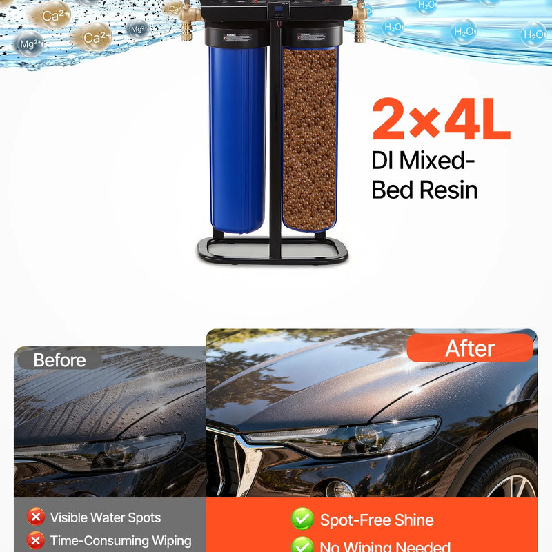 VEVOR dejonizēta ūdens sistēma auto mazgāšanai ar 2 x 4 l DI sveķiem, TDS mērītāju un apvada vārstu, beznosēdumu ūdens filtrs automašīnām, kemperiem, motocikliem un logiem - ZEMLETES.LV