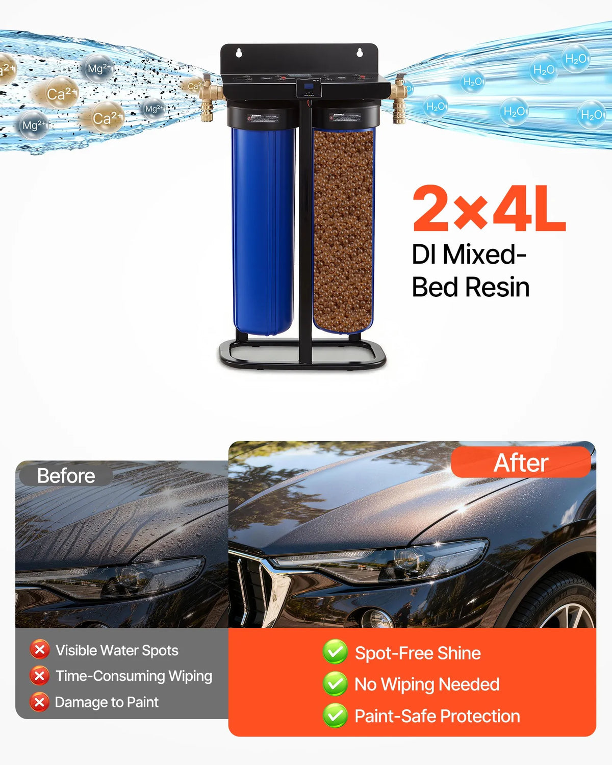 VEVOR dejonizēta ūdens sistēma auto mazgāšanai ar 2 x 4 l DI sveķiem, TDS mērītāju un apvada vārstu, beznosēdumu ūdens filtrs automašīnām, kemperiem, motocikliem un logiem - ZEMLETES.LV