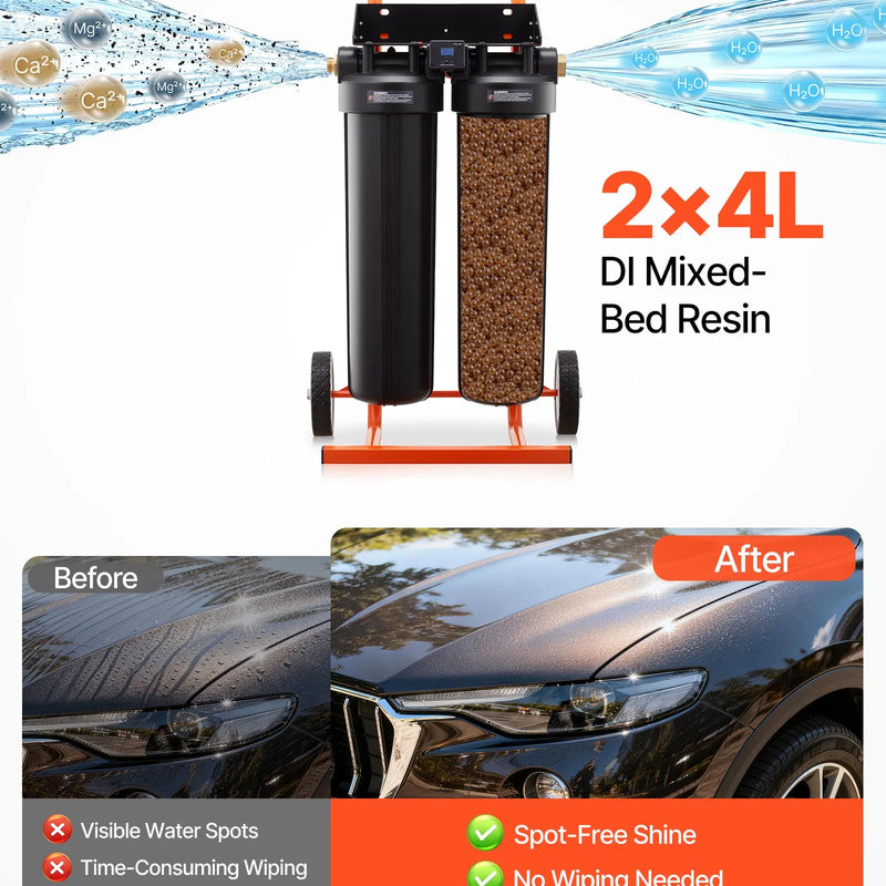 VEVOR dejonizēta ūdens sistēma auto mazgāšanai ar 2 x 4 l DI sveķiem un TDS mērītāju, pārnēsājams beznosēdumu ūdens filtrs automašīnām, kemperiem, motocikliem un logiem - ZEMLETES.LV