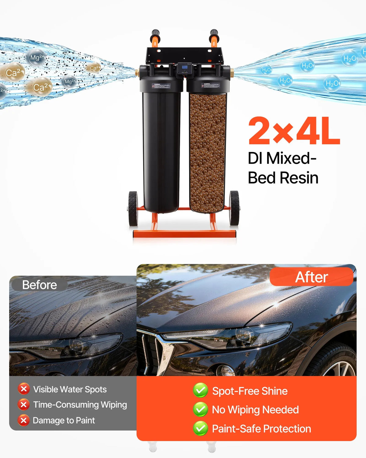VEVOR dejonizēta ūdens sistēma auto mazgāšanai ar 2 x 4 l DI sveķiem un TDS mērītāju, pārnēsājams beznosēdumu ūdens filtrs automašīnām, kemperiem, motocikliem un logiem - ZEMLETES.LV