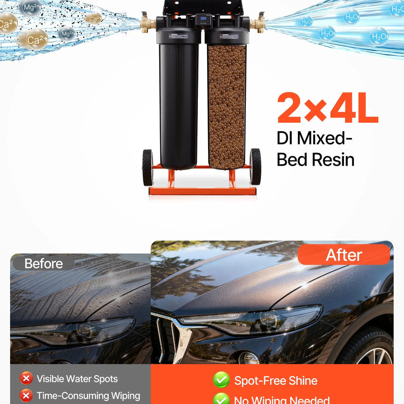 VEVOR dejonizēta ūdens sistēma auto mazgāšanai ar 2 x 4 l DI sveķiem, apvada vārstu un TDS mērītāju, pārnēsājams beznosēdumu ūdens filtrs automašīnām, kemperiem un logiem - ZEMLETES.LV