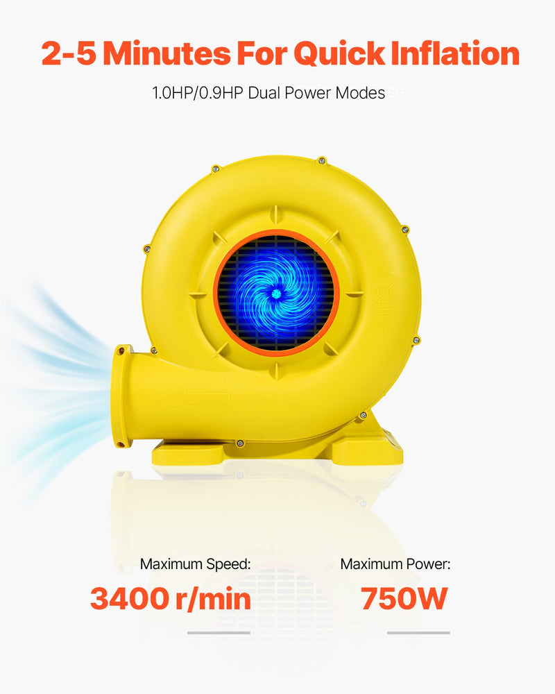 VEVOR piepūšamo atrakciju pūtējs, 0,8 & 1 ZS, 750 W, komerciālai lietošanai