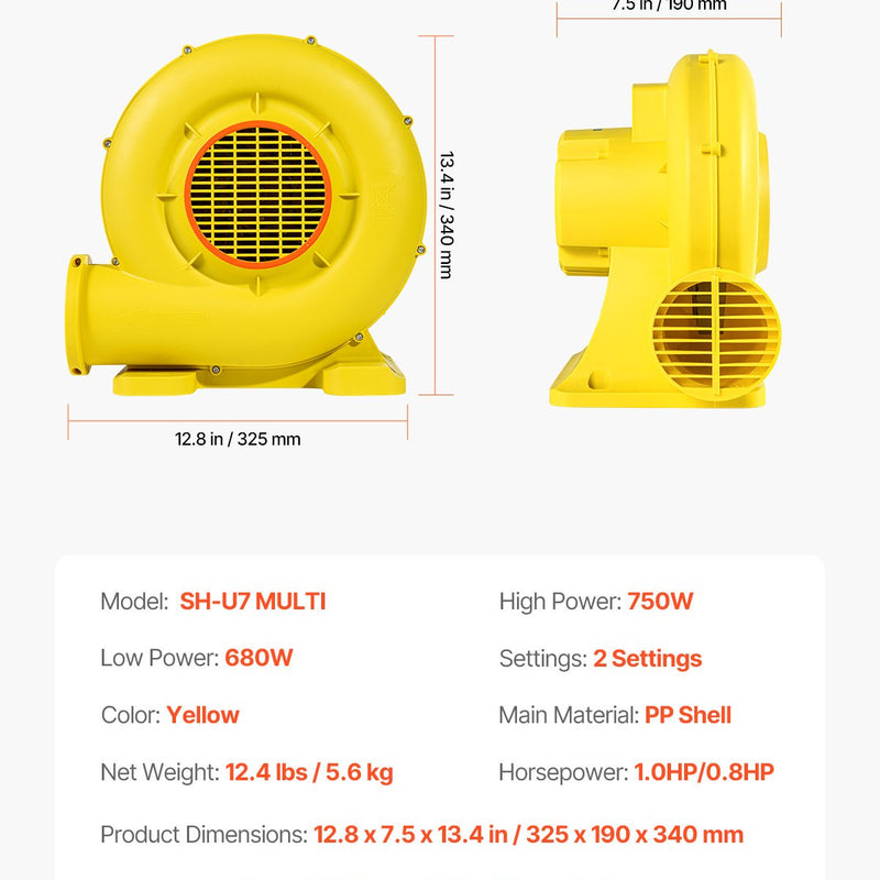 VEVOR piepūšamo atrakciju pūtējs, 0,8 & 1 ZS, 750 W, komerciālai lietošanai