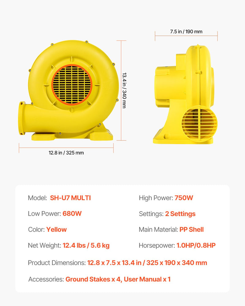 VEVOR piepūšamo atrakciju pūtējs, 0,8 & 1 ZS, 750 W, komerciālai lietošanai