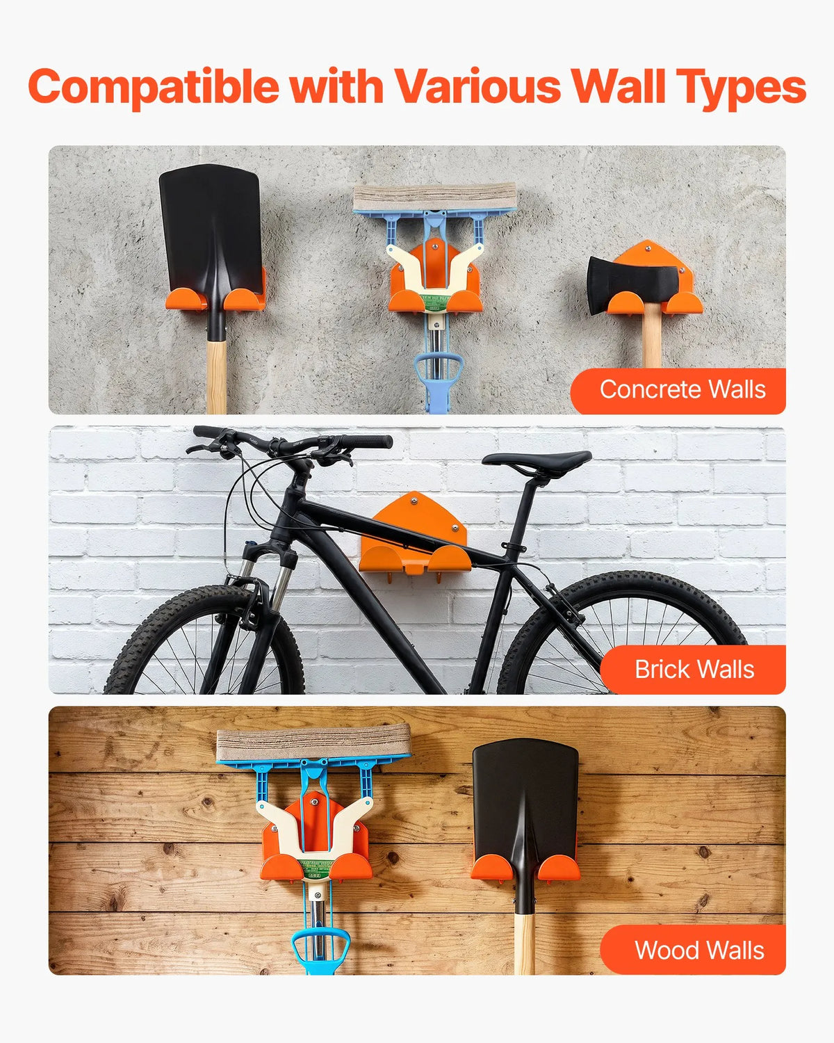 VEVOR Wall Mounted Tool Holders for Garden Power Tools, 2 Pieces, 150 mm, Total Load Capacity 82 kg, for Trimmers, Leaf Blowers and Chainsaws, Orange