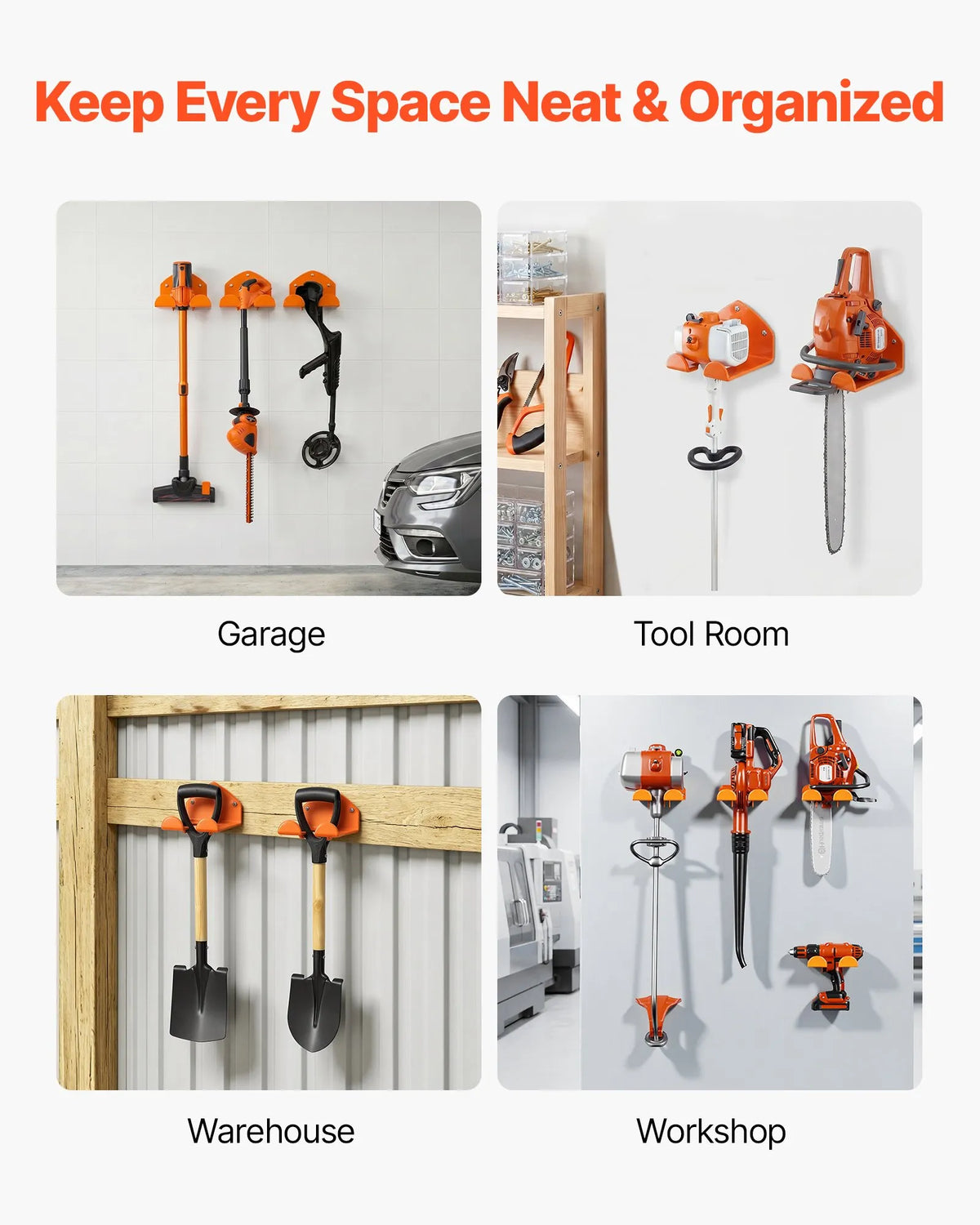 VEVOR Wall Mounted Tool Holders for Garden Power Tools, 2 Pieces, 150 mm, Total Load Capacity 82 kg, for Trimmers, Leaf Blowers and Chainsaws, Orange