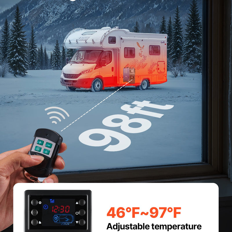 Dīzeļsildītājs 8 kW, DC 12/24 V, pārnēsājams ar tālvadību, LCD ekrānu un 5 L tvertni