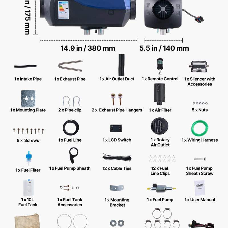 Dīzeļdegvielas sildītājs, 8 kW, DC 12 V/24 V, pārnēsājams gaisa sildītājs ar tālvadību un LCD ekrānu, ātra uzsildīšana, zems trokšņa līmenis, 10 l degvielas tvertne, piemērots automašīnām, furgoniem, kemperiem un kravas auto