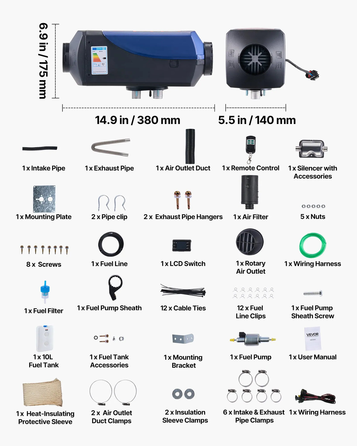 12V 8 kW VEVOR diesel heater all-in-one – LCD, remote control, 10 l tank