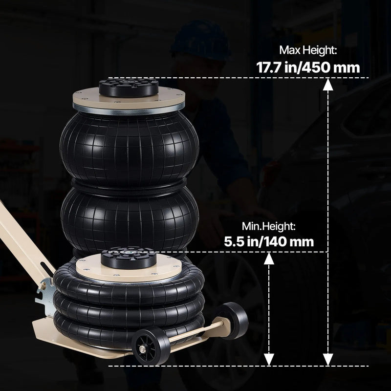 VEVOR pneimatiskais domkrats, 3 t trīskāršs gaisa spilvenu domkrats ar sešām tērauda caurulēm, pacelšanas augstums līdz 450 mm, 1–6 s ātra pneimatiskā pacelšana, ar regulējamu garu rokturi un gumijas paliktni automobiļu, apvidus auto un pikapu remontam