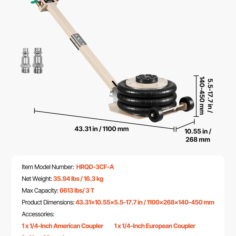 VEVOR pneimatiskais domkrats, 3 t trīskāršs gaisa spilvenu domkrats ar sešām tērauda caurulēm, pacelšanas augstums līdz 450 mm, 1–6 s ātra pneimatiskā pacelšana, ar regulējamu garu rokturi un gumijas paliktni automobiļu, apvidus auto un pikapu remontam