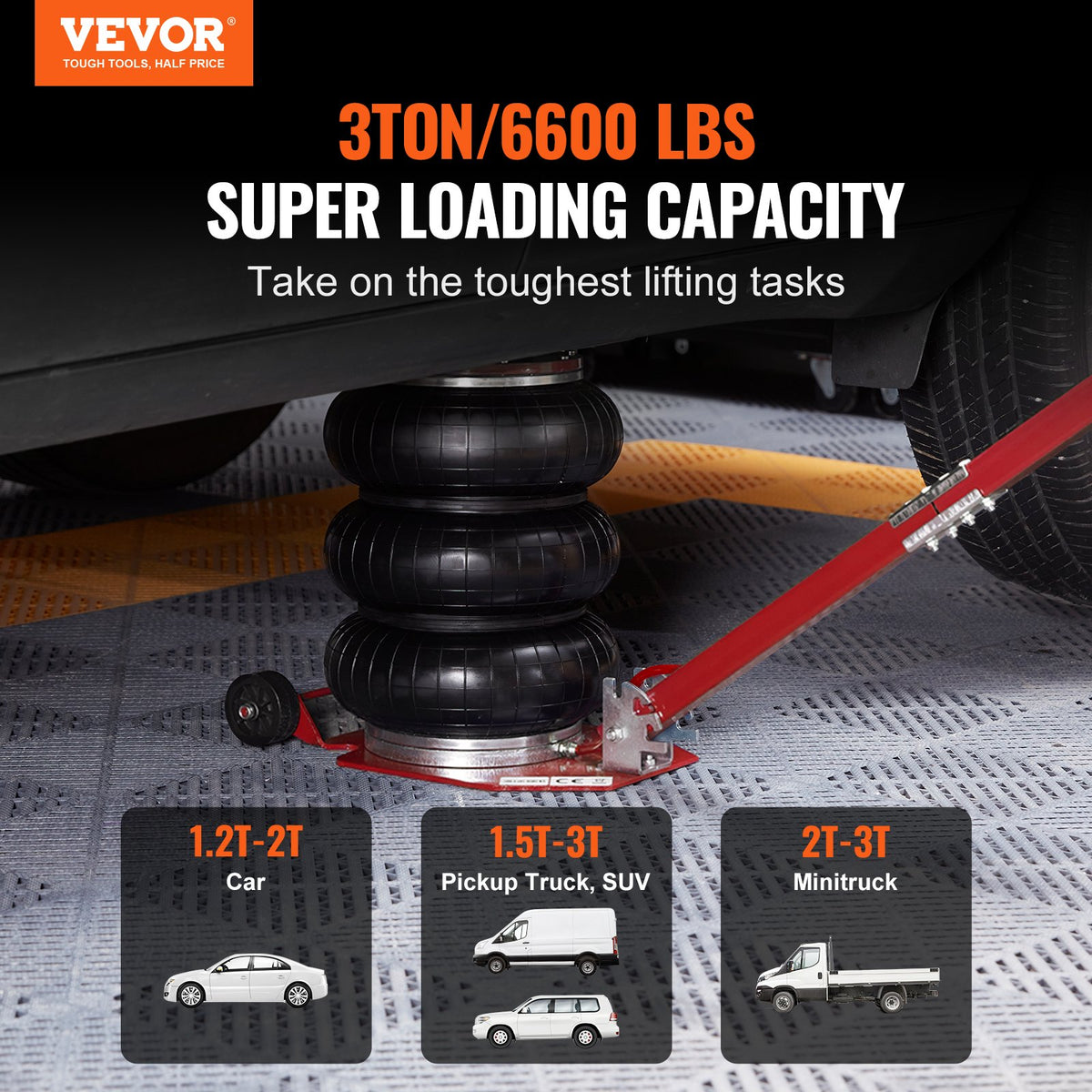 VEVOR Air Jack, 3 Tonne Triple Bag Air Jack, Air Cushion Jack with Six Steel Tubes, Lifting Height up to 45 cm, Fast Lifting 3-5 s, with Adjustable Long Handle for Cars, Garages, Repair (Red)