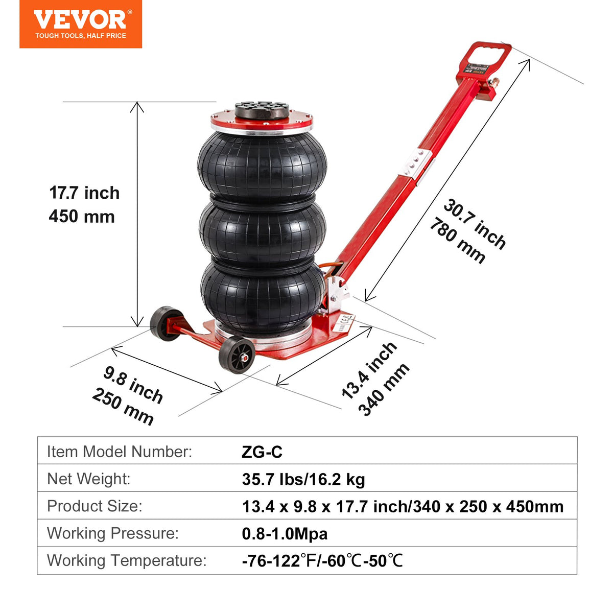 VEVOR Air Jack, 3 Tonne Triple Bag Air Jack, Air Cushion Jack with Six Steel Tubes, Lifting Height up to 45 cm, Fast Lifting 3-5 s, with Adjustable Long Handle for Cars, Garages, Repair (Red)