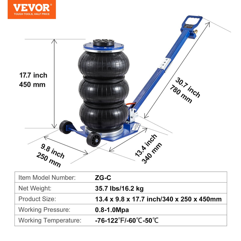 VEVOR gaisa domkrats, 3 t, trīskāršās gaisa spilvenu konstrukcijas pacēlājs ar 6 tērauda caurulēm, celšanas augstums līdz 45 cm, 3-5 sekunžu ātra pneimatiskā pacelšana, piemērots automašīnām, garāžām un remontdarbiem (zils).