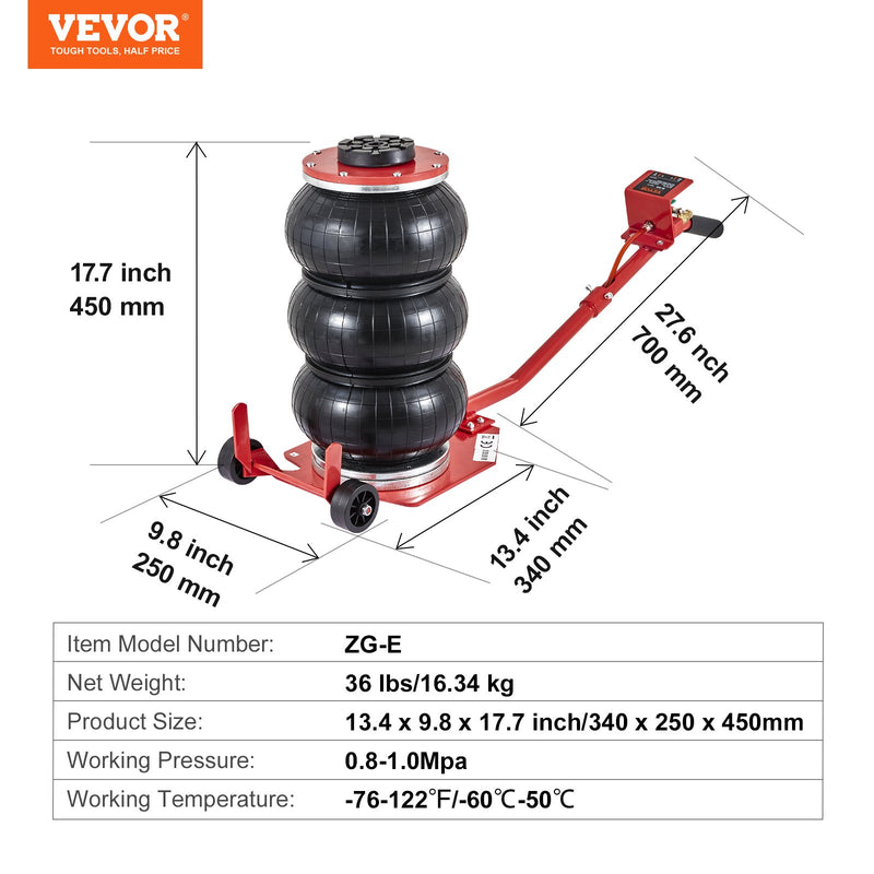 VEVOR trīskāršais gaisa spilvenu pneimatiskais domkrats, 3 tonnas / 3000 kg, ar sešām tērauda caurulēm, pacelšanas augstums līdz 450 mm, ātra pacelšana 3-5 s, ar garu rokturi automašīnām, garāžām un remontdarbiem (sarkans).