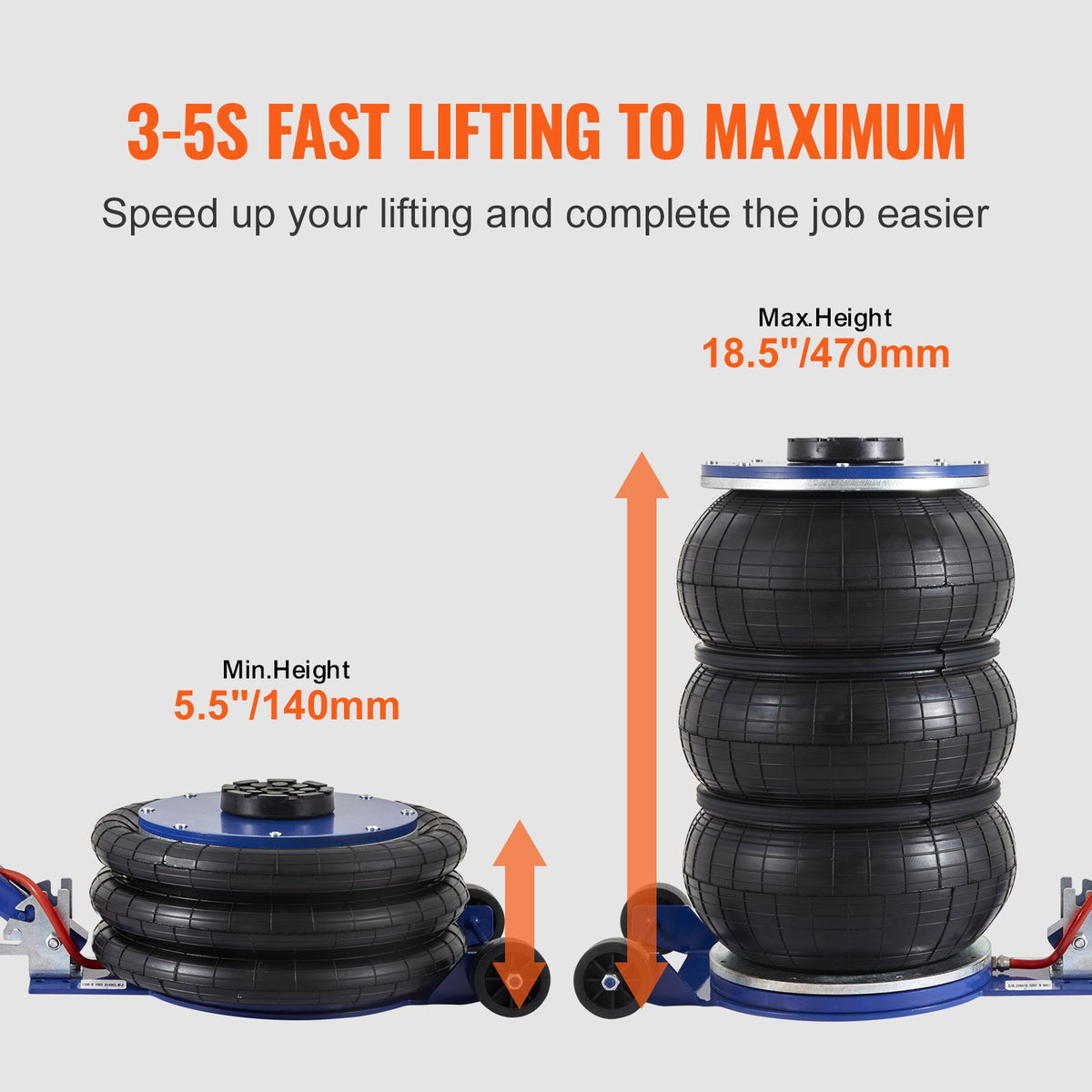 VEVOR Air Jack, 5 t, Triple Air Bag Lifting Jack with 6 Steel Tubes, Lifting Height up to 45 cm, 3-5 Second Fast Pneumatic Lifting, Suitable for Cars, Garages and Repair Work (Blue)