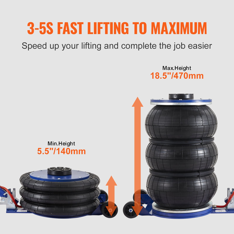 VEVOR gaisa domkrats, 3 t, trīskāršās gaisa spilvenu konstrukcijas pacēlājs ar 6 tērauda caurulēm, celšanas augstums līdz 45 cm, 3-5 sekunžu ātra pneimatiskā pacelšana, piemērots automašīnām, garāžām un remontdarbiem (zils).