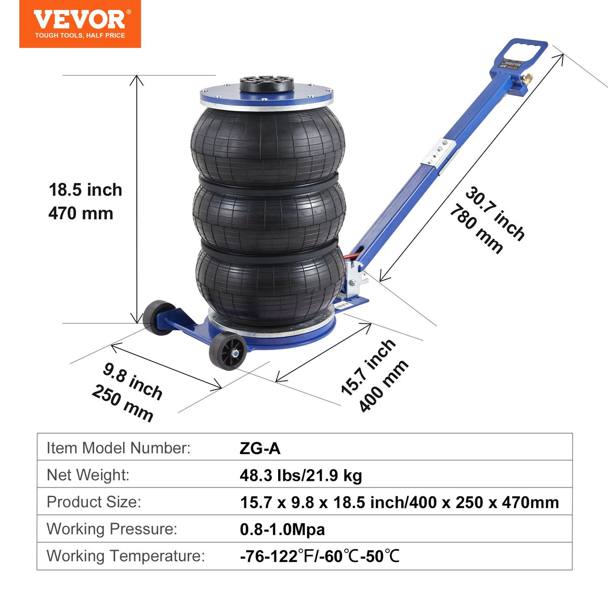 VEVOR Air Jack, 5 t, Triple Air Bag Lifting Jack with 6 Steel Tubes, Lifting Height up to 45 cm, 3-5 Second Fast Pneumatic Lifting, Suitable for Cars, Garages and Repair Work (Blue)