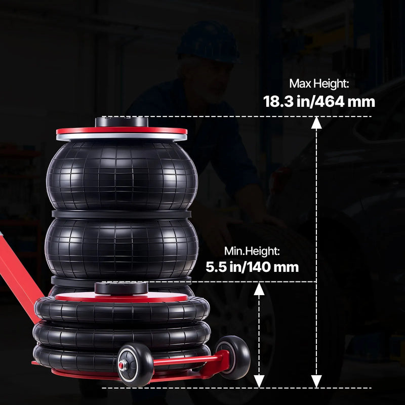 VEVOR pneimatiskais gaisa domkrats 5 t, trīskāršs gaisa spilvenu domkrats ar sešām tērauda caurulēm, pacelšanas augstums līdz 464 mm, ātra pacelšana 4–10 s, ar regulējamu garu rokturi un gumijas paliktni automašīnām, SUV un pikapiem