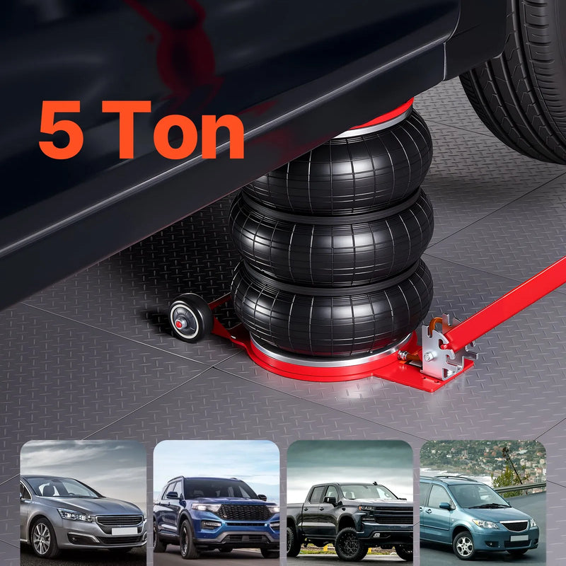 VEVOR pneimatiskais gaisa domkrats 5 t, trīskāršs gaisa spilvenu domkrats ar sešām tērauda caurulēm, pacelšanas augstums līdz 464 mm, ātra pacelšana 4–10 s, ar regulējamu garu rokturi un gumijas paliktni automašīnām, SUV un pikapiem