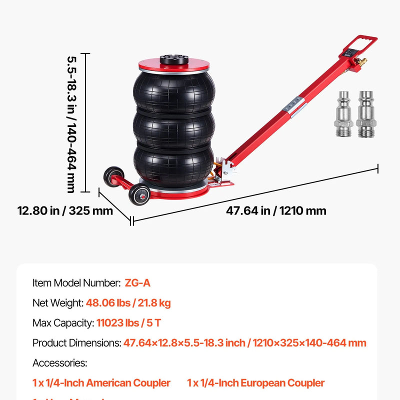 VEVOR pneimatiskais gaisa domkrats 5 t, trīskāršs gaisa spilvenu domkrats ar sešām tērauda caurulēm, pacelšanas augstums līdz 464 mm, ātra pacelšana 4–10 s, ar regulējamu garu rokturi un gumijas paliktni automašīnām, SUV un pikapiem