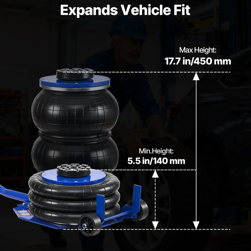 VEVOR pneimatiskais gaisa domkrats 3 t, trīskāršs gaisa spilvenu domkrats ar sešām tērauda caurulēm, pacelšanas augstums līdz 450 mm, ātra pacelšana 1–6 s, ar garu rokturi un gumijas paliktni automašīnām, SUV un pikapiem