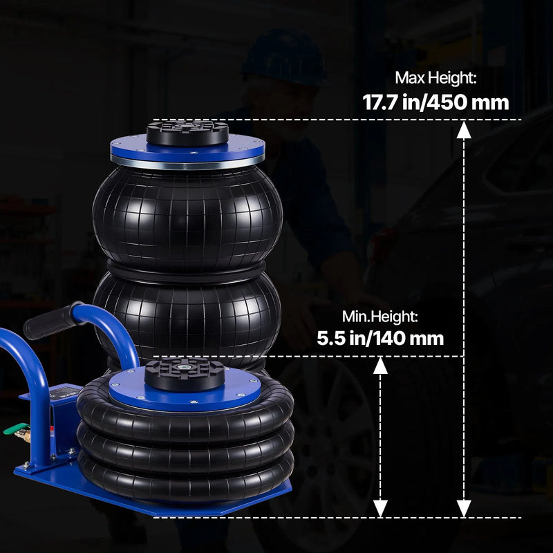VEVOR pneimatiskais gaisa domkrats 3 t, trīskāršs gaisa spilvenu domkrats ar sešām tērauda caurulēm, pacelšanas augstums līdz 450 mm, ātra pacelšana 1–6 s, ar īsiem rokturiem un gumijas paliktni automašīnām, SUV un pikapiem