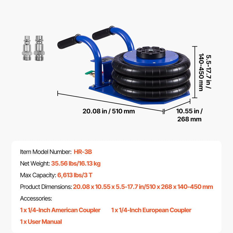 VEVOR pneimatiskais gaisa domkrats 3 t, trīskāršs gaisa spilvenu domkrats ar sešām tērauda caurulēm, pacelšanas augstums līdz 450 mm, ātra pacelšana 1–6 s, ar īsiem rokturiem un gumijas paliktni automašīnām, SUV un pikapiem