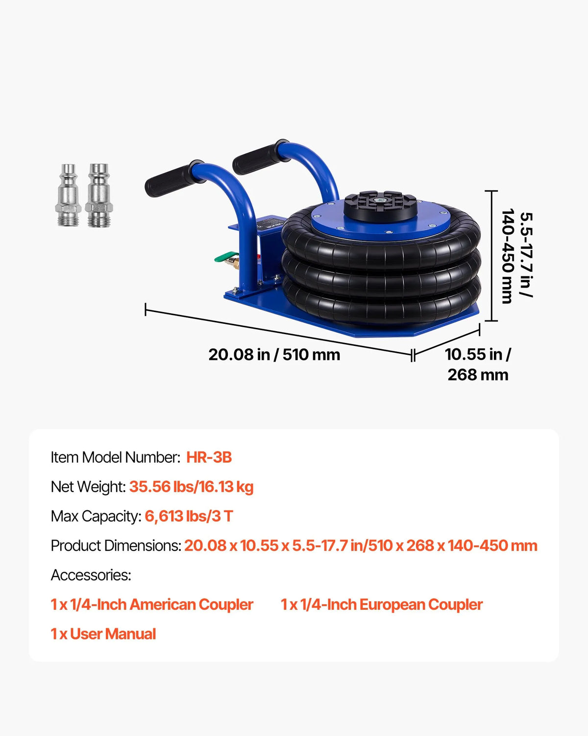 VEVOR pneimatiskais gaisa domkrats 3 t, trīskāršs gaisa spilvenu domkrats ar sešām tērauda caurulēm, pacelšanas augstums līdz 450 mm, ātra pacelšana 1–6 s, ar īsiem rokturiem un gumijas paliktni automašīnām, SUV un pikapiem