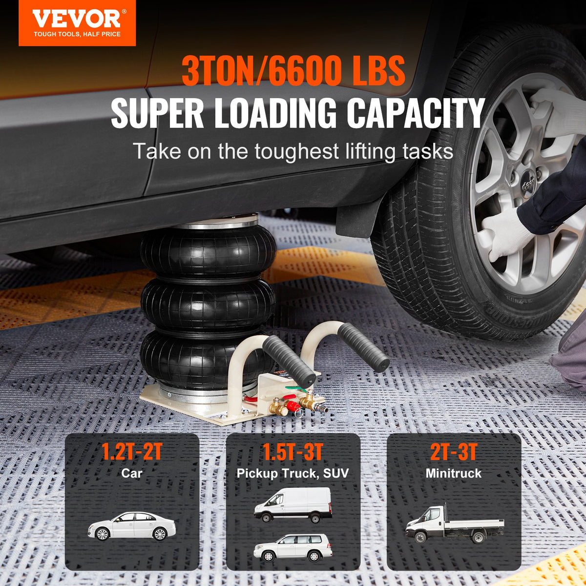 VEVOR Triple Air Bag Jack, 3000 kg, with Six Steel Tubes, Lifting Height up to 450 mm, 3-5 s Fast Lifting, with Side Handles, Suitable for Cars, Garages, Repairs (White)