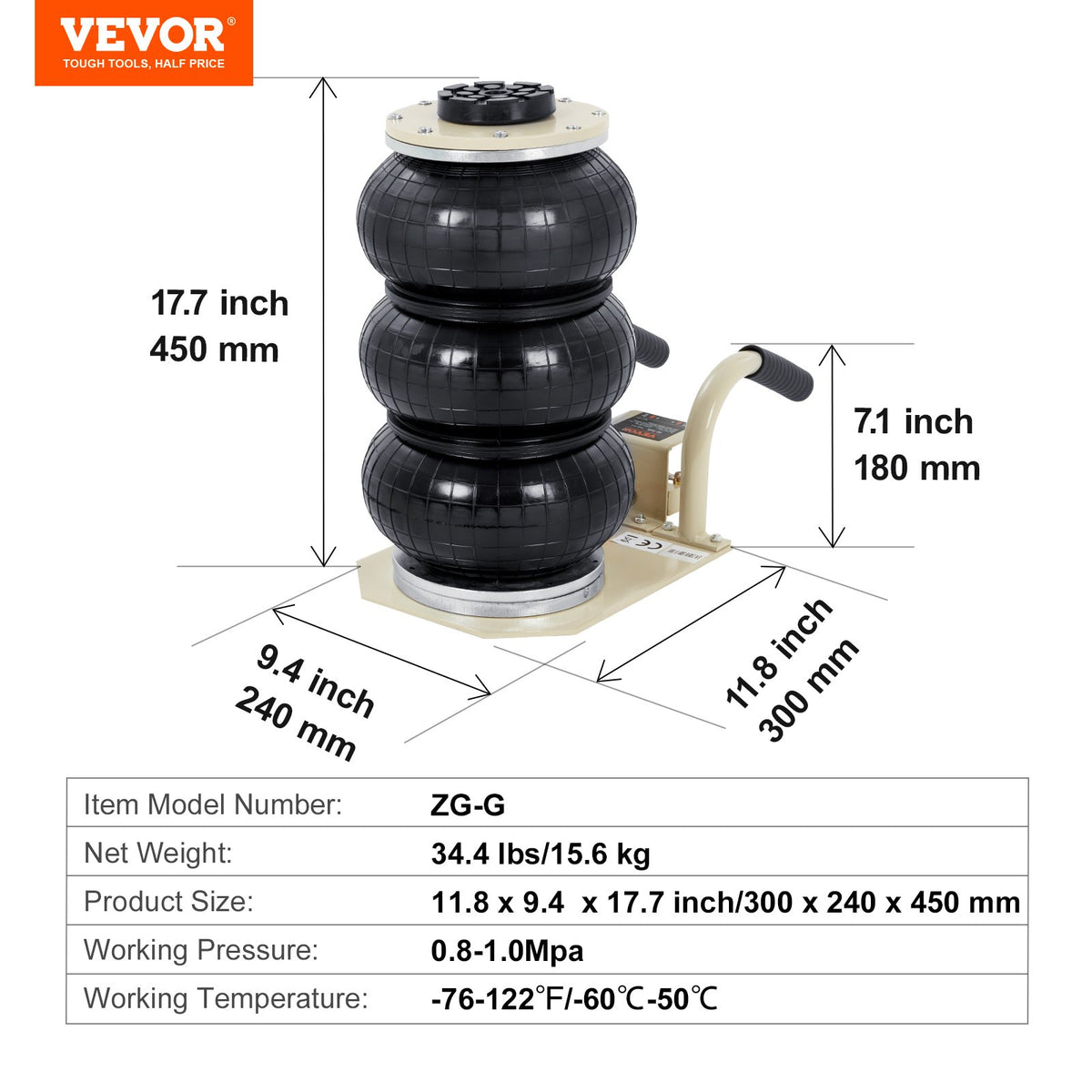 VEVOR Triple Air Bag Jack, 3000 kg, with Six Steel Tubes, Lifting Height up to 450 mm, 3-5 s Fast Lifting, with Side Handles, Suitable for Cars, Garages, Repairs (White)