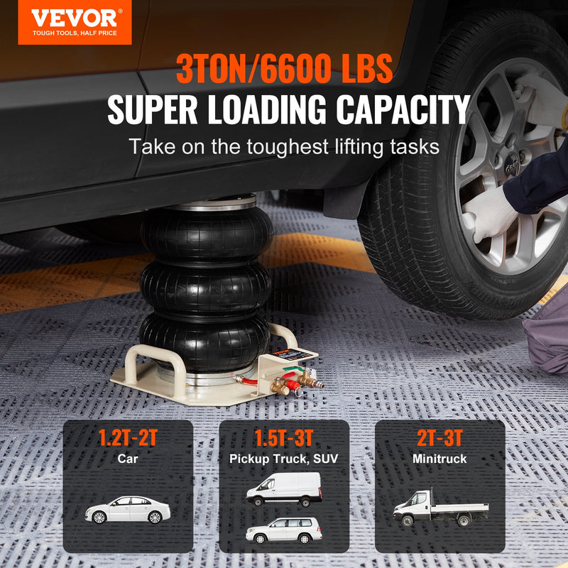 VEVOR Gaisa domkrats, 3 tonnas trīskāršais gaisa maisa domkrats, pacelšana līdz 450 mm, 3-5 sekunžu ātra pacelšana, pneimatiskais domkrats ar sānu rokturiem automašīnām, garāžām un remontiem (bēšs)