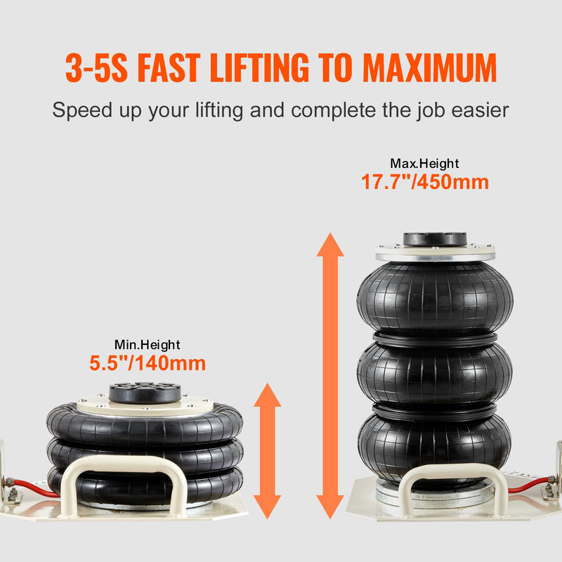 VEVOR Gaisa domkrats, 3 tonnas trīskāršais gaisa maisa domkrats, pacelšana līdz 450 mm, 3-5 sekunžu ātra pacelšana, pneimatiskais domkrats ar sānu rokturiem automašīnām, garāžām un remontiem (bēšs)