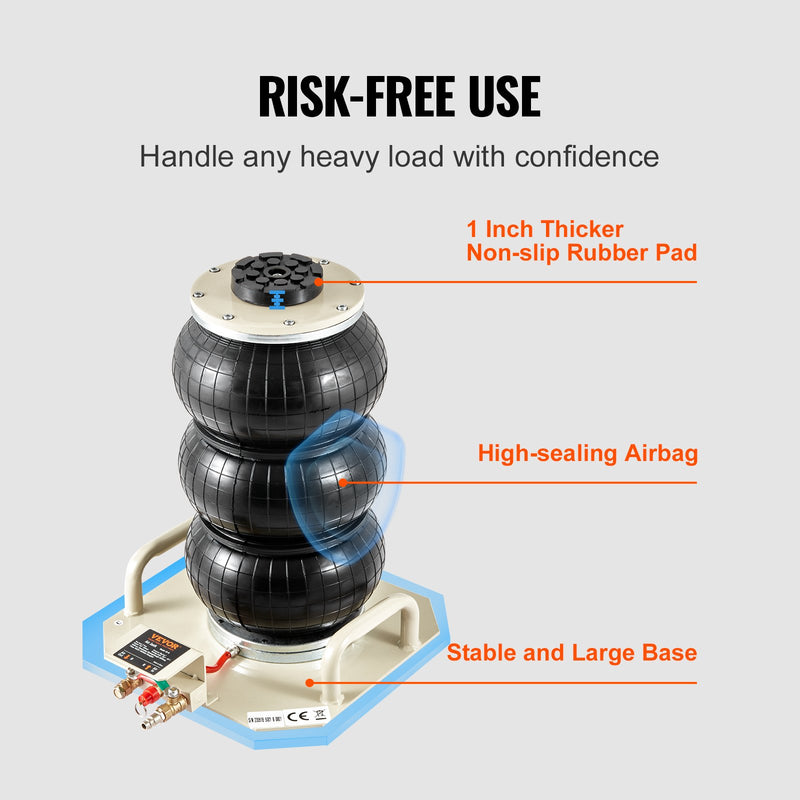 VEVOR Gaisa domkrats, 3 tonnas trīskāršais gaisa maisa domkrats, pacelšana līdz 450 mm, 3-5 sekunžu ātra pacelšana, pneimatiskais domkrats ar sānu rokturiem automašīnām, garāžām un remontiem (bēšs)