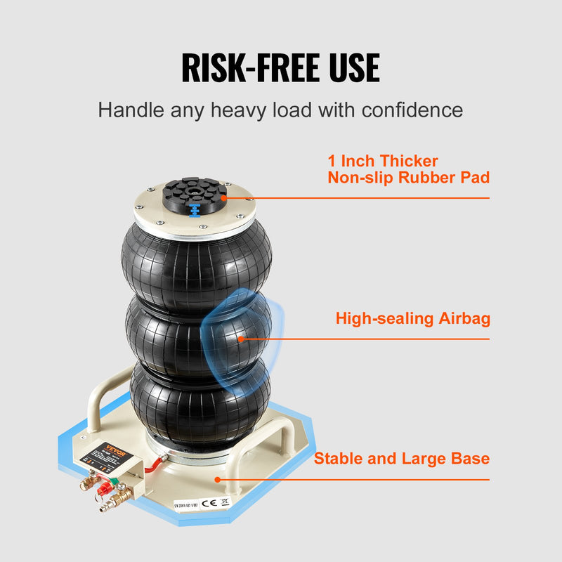 VEVOR Gaisa domkrats, 3 tonnas / 6600 lbs trīskāršais gaisa maisa domkrats, pacelšana līdz 450 mm, 3-5 sekunžu ātra pacelšana, pneimatiskais domkrats ar sānu rokturiem automašīnām, garāžām un remontiem (bēšs)