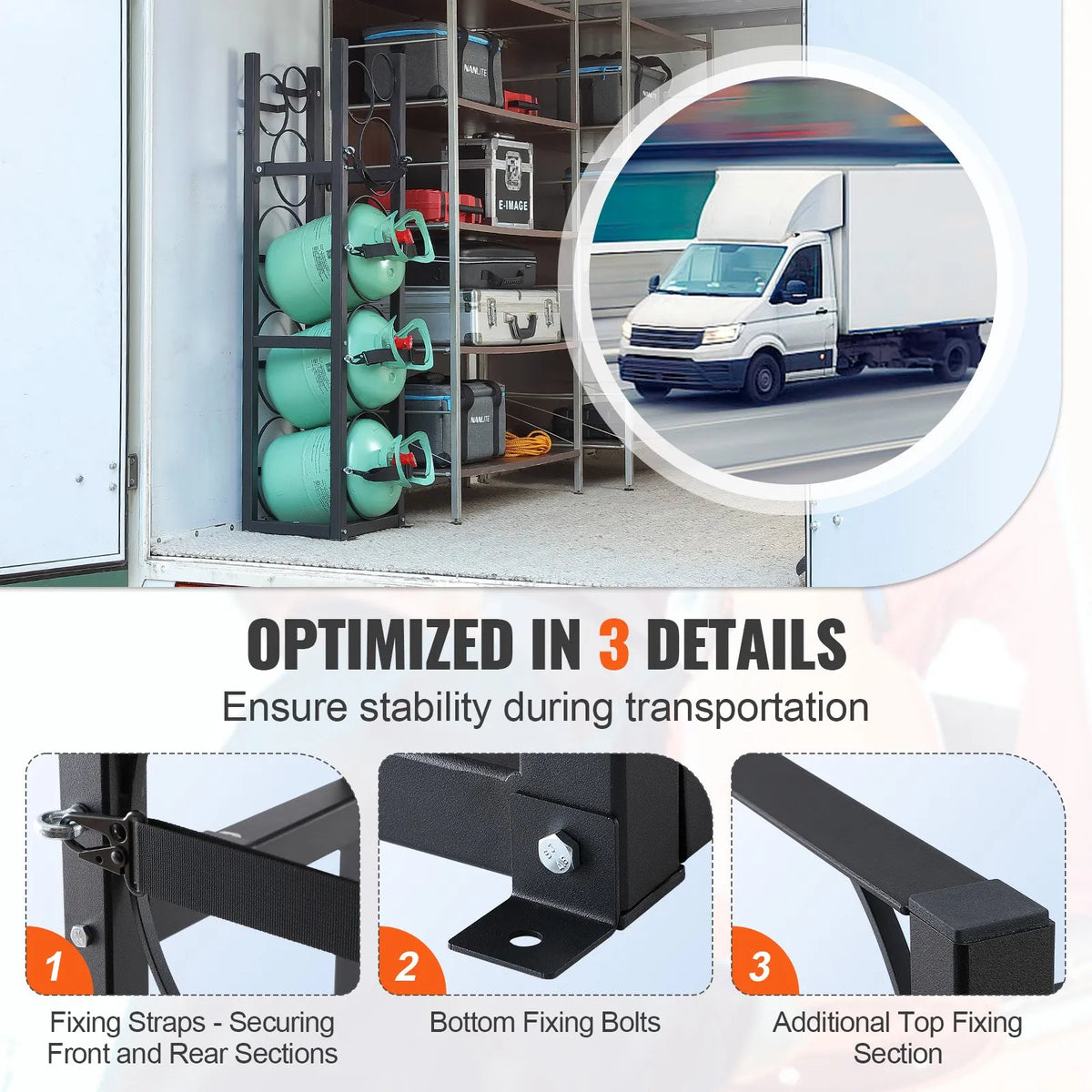 Metal rack for gas cylinder storage, capacity 3 x 13.6 kg + 3 small cylinders, suitable for warehouses, workshops and transport, 325 × 330 × 1196 mm