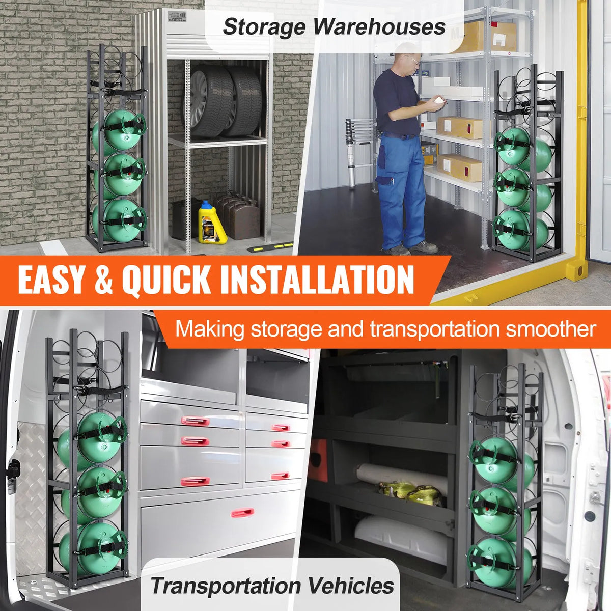 Metal rack for gas cylinder storage, capacity 3 x 13.6 kg + 3 small cylinders, suitable for warehouses, workshops and transport, 325 × 330 × 1196 mm