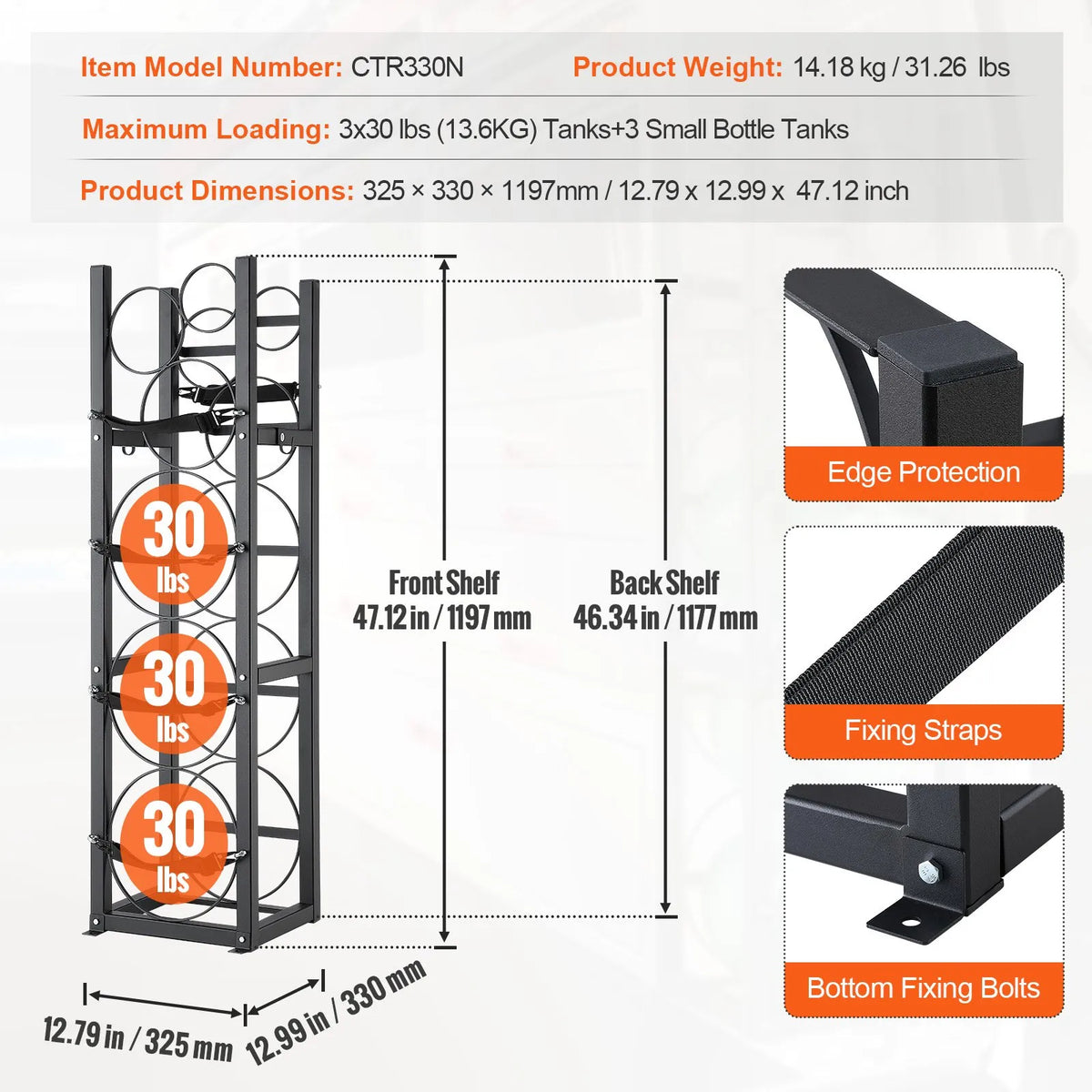 Metal rack for gas cylinder storage, capacity 3 x 13.6 kg + 3 small cylinders, suitable for warehouses, workshops and transport, 325 × 330 × 1196 mm