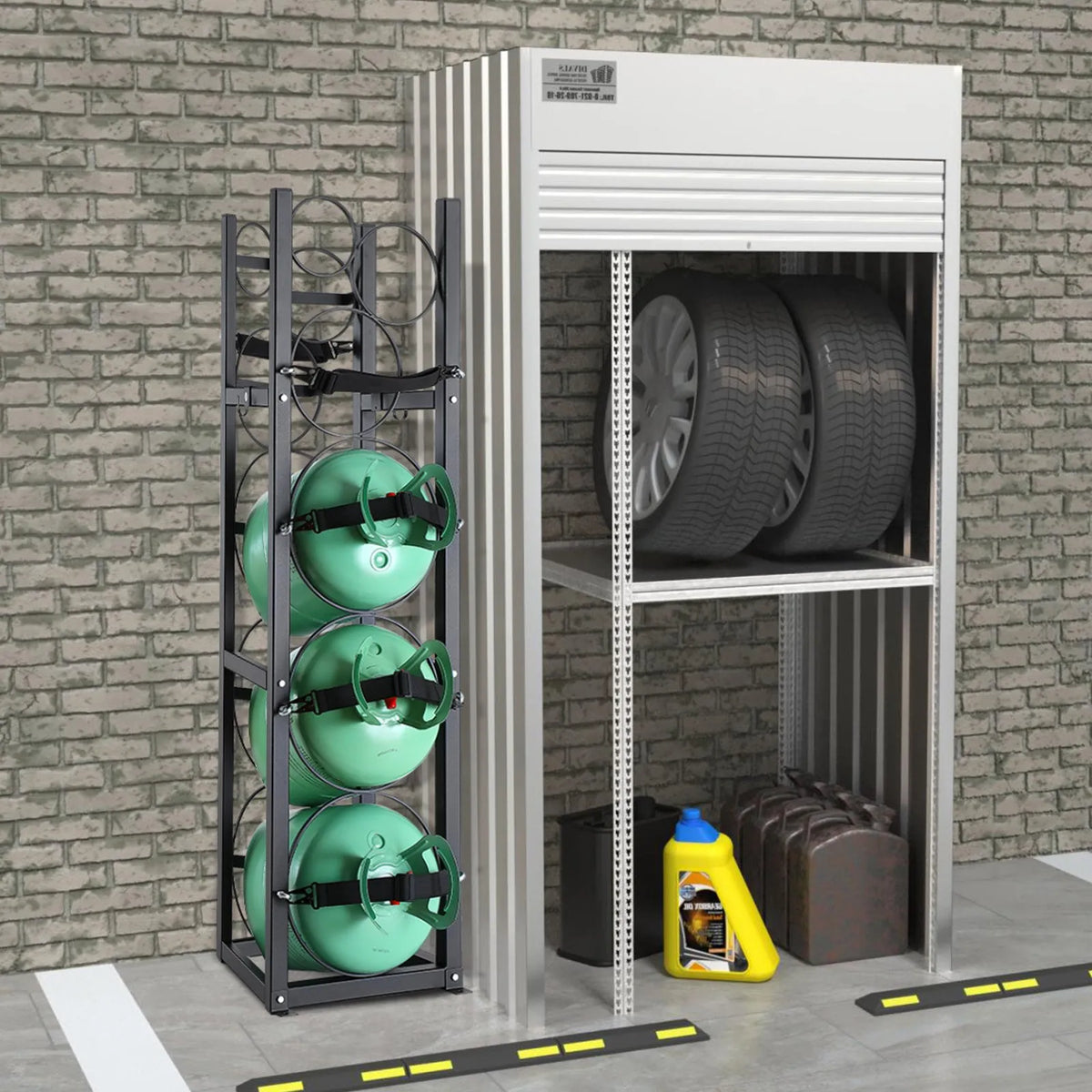 Metal rack for gas cylinder storage, capacity 3 x 13.6 kg + 3 small cylinders, suitable for warehouses, workshops and transport, 325 × 330 × 1196 mm