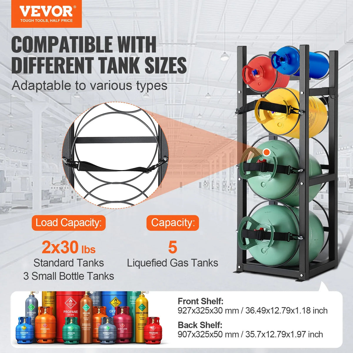 Gas Cylinder Rack for 2 × 13.6 kg Cylinders and 3 Smaller Tanks, 325 × 330 × 1196 mm, Suitable for Freon, Oxygen and Nitrogen